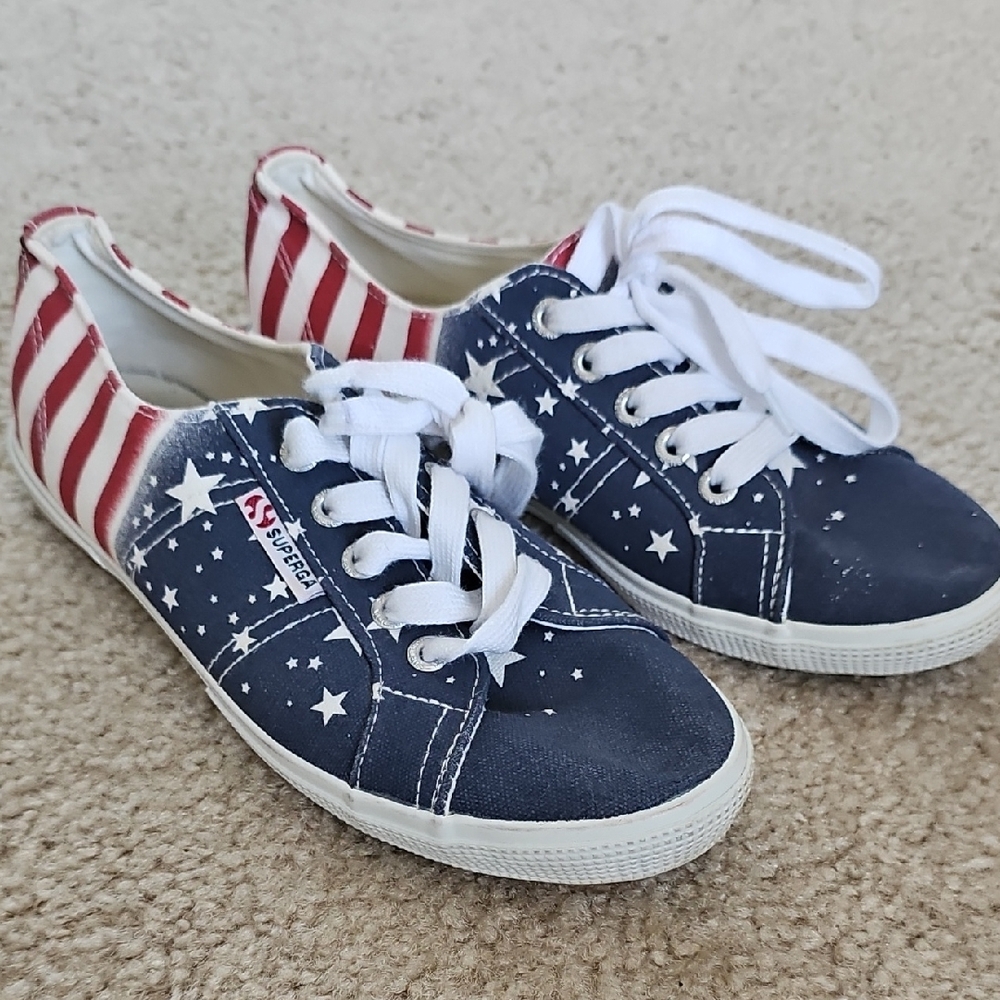 Superga Blue and Red Stars And Stripes Sneakers Size 38 Euc